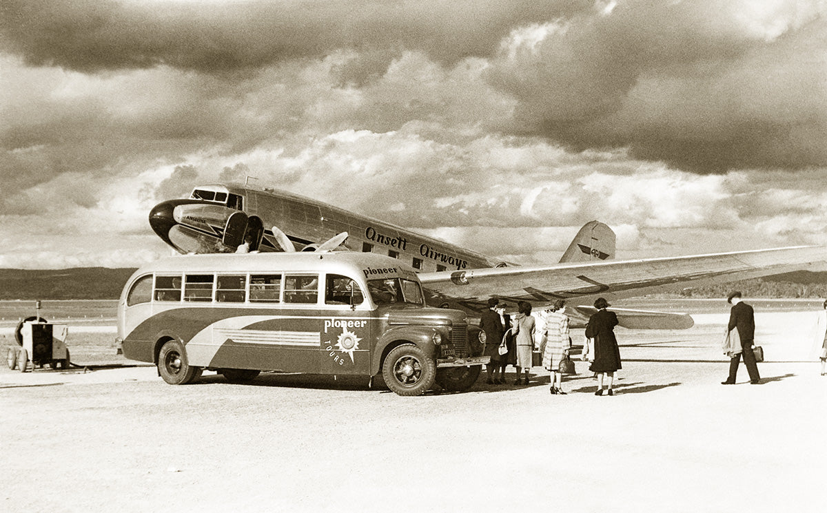 Airplane And Bus At Cambridge Drome, Hobart TAS Australia 1950s
