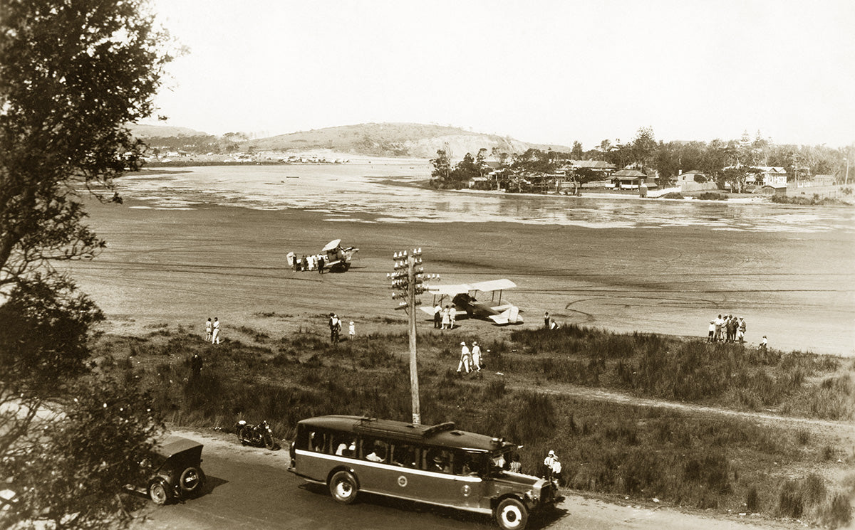 Tourist Car Passing And Airplanes On The Lake, Narrabeen NSW Australia 1925