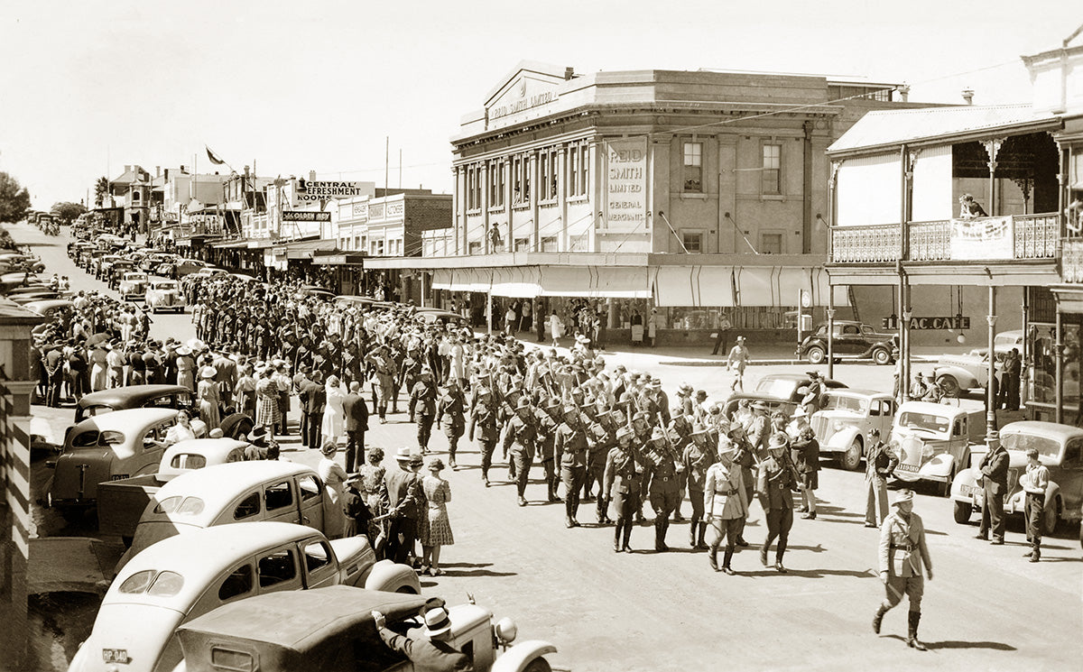 Soldiers Marching Down Kendall Street, Cowra NSW Australia 1940s