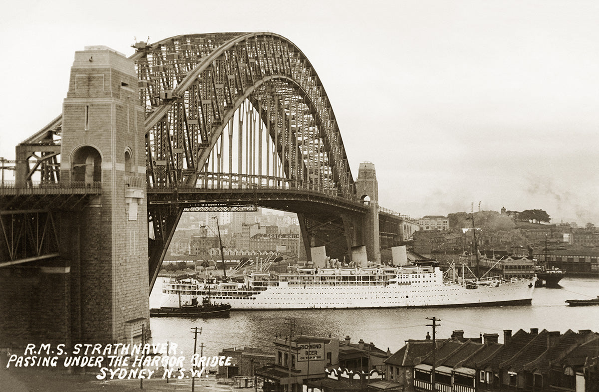 RMS Strathnaver Passing Under The Harbour Bridge, Sydney NSW Australia c.1937