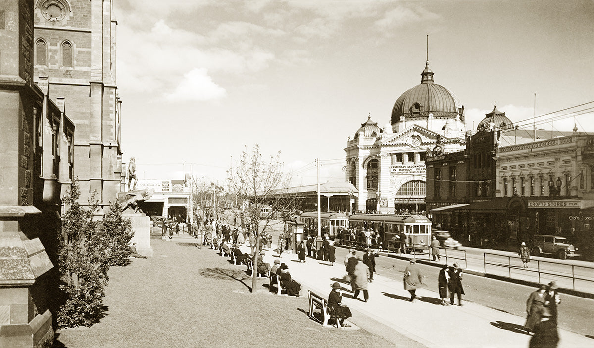 Swanston Street And Flinders Street Railway Station, Melbourne VIC Australia 1930s
