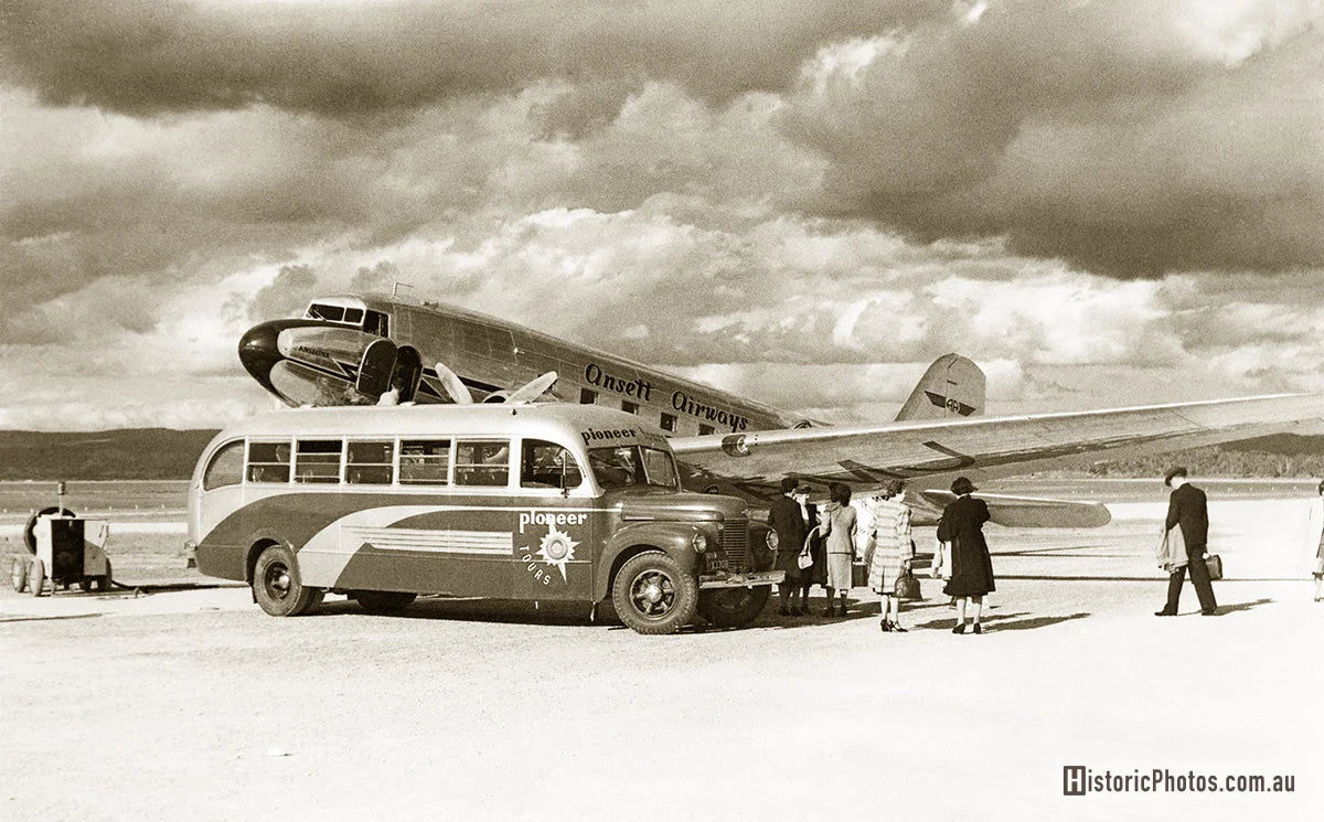 Airplane And Bus At Cambridge Drome, Hobart TAS Australia 1950s