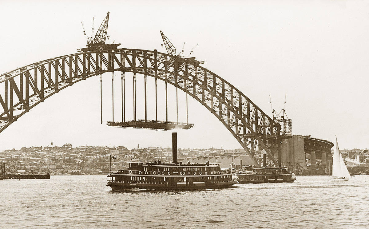 Sydney Harbour Bridge Under Construction And Ferries, Sydney NSW Australia 1930